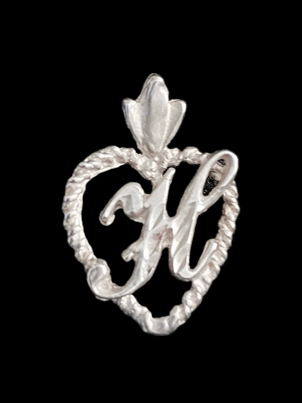 VTG 925 Sterling Silver Cursive Letter H Heart Pendant Fleur de Lis Bail NWT